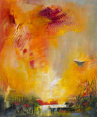 Rising Up, Mixed media on paper, abstract landscape, big sky with bird, yellows and orange